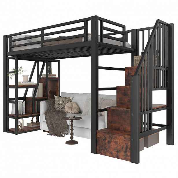 Modfu PATROVÁ postel z MDF a kovu 90x200 cm černá s LED osvětlením, úložným prostorem a bezpečnostním zábradlím