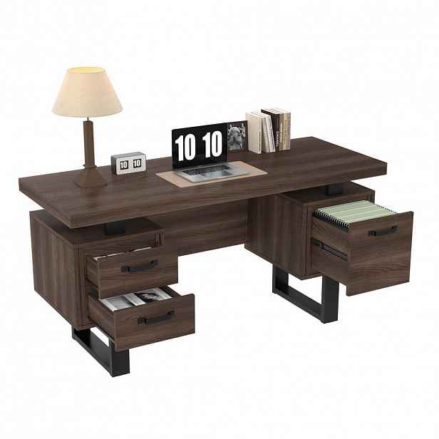 OKWISH PSACÍ stůl 135/54 cm hnědý z MDF a kovu se zásuvkami a přihrádkou na složky