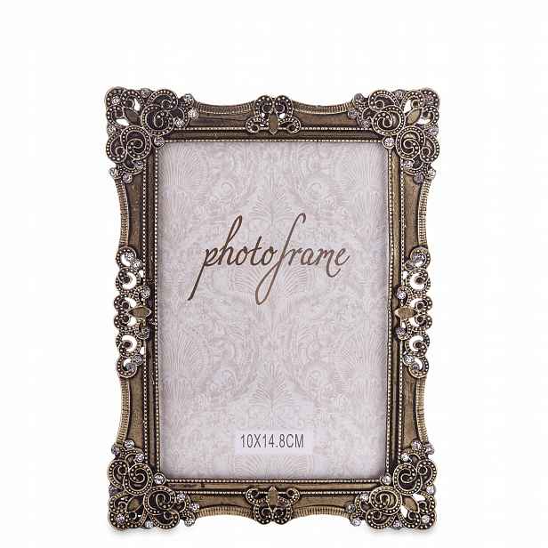 Zlatý rámeček na fotografii, kovový, stojící, retro, palácový, vintage