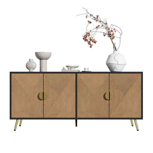 Redom SIDEBOARD 160/40/75 cm se 4 dveřmi, měkkým dovíráním a zlatými úchyty, černá/dřevěná