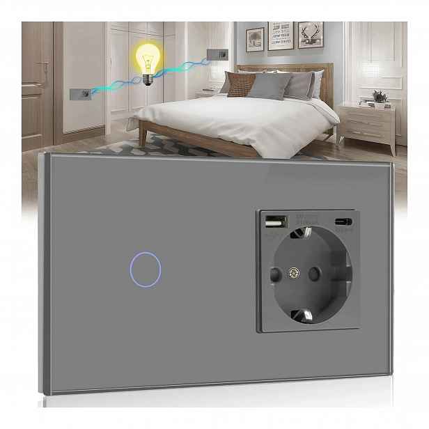 Skleněný dotykový spínač světla s konektorem Usb C a 16A pod omítku