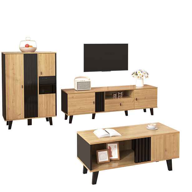 Redom SIDEBOARD 140/41/78,5 cm s LED osvětlením a prosklenými dvířky, třídveřová úložná řešení, Natural