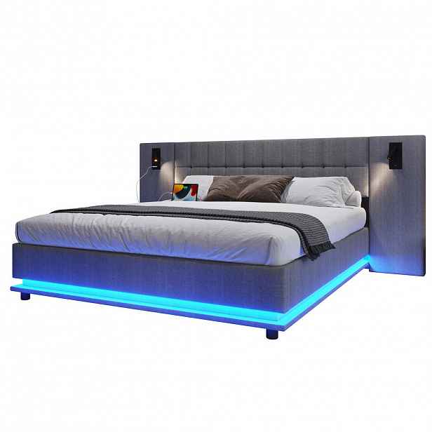 Redom ČALOUNĚNÁ postel 180/200 cm s LED osvětlením, USB portem a čtecím bodovým světlem, Šedá