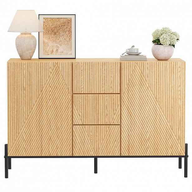 OKWISH BOČNÍ skříň 115,5/40/76 cm přírodní z MDF s geometrickými dvířky a úložným prostorem
