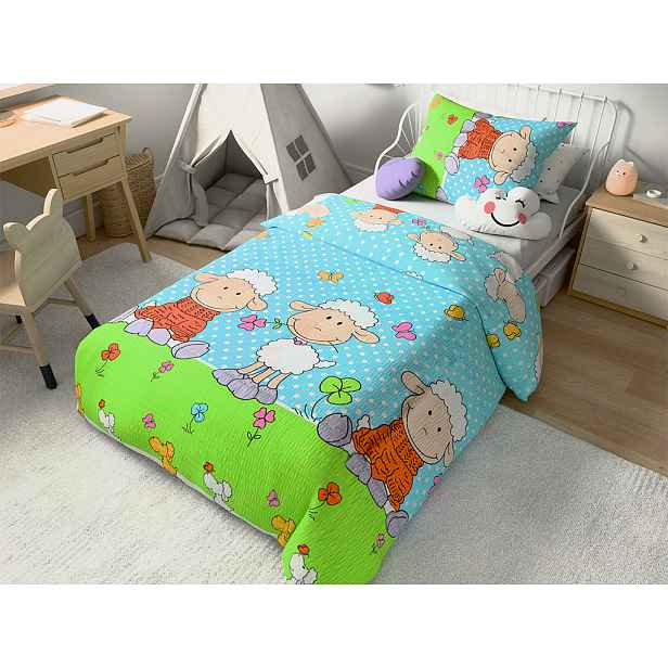 Krepové povlečení do postýlky OVEČKY modré Rozměr povlečení: 45 x 65 cm | 90 x 135 cm