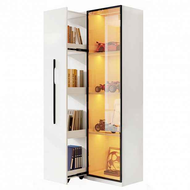 OKWISH BOČNÍ skříň 70/40/160 cm bílá z MDF s vitrínou, LED osvětlením a výsuvným regálem