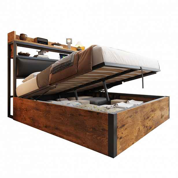 Redom ČALOUNĚNÁ postel 180/200 cm s hydraulickým úložným prostorem, USB porty a čalouněným čelem, Černá