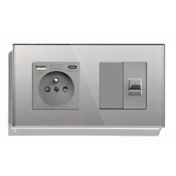 Elektrická Dvojitá Skleněná Zásuvka 2F 157 mm Usb A+c Internet RJ45 CAT5e