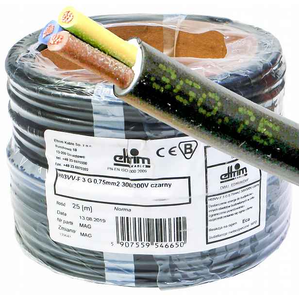 Kabel Omy 3x0,75 300/300V Lanko Cu měděné černé 25 m