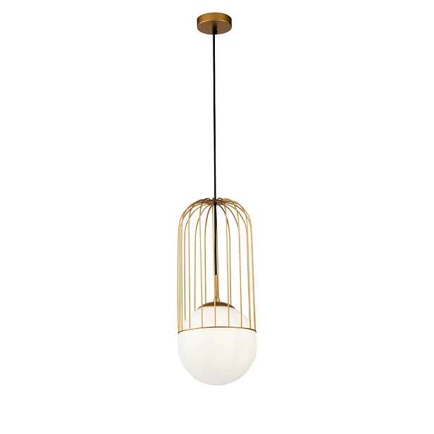 Závěsná lampa zlatá drátěná skleněná bílá koule moderní 20 cm Maytoni