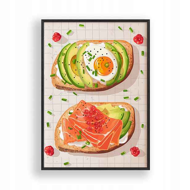 Obraz Toast Avokádo Losos Vajíčko Plakát Rámeček Dřevěný Černý 30x42 cm