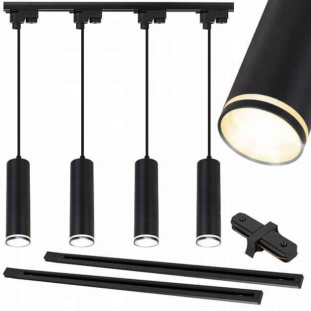 Sada kolejnicového osvětlení 4x lampa GU10 kolejnice 2x1 m Černá závěsná Tuba Led