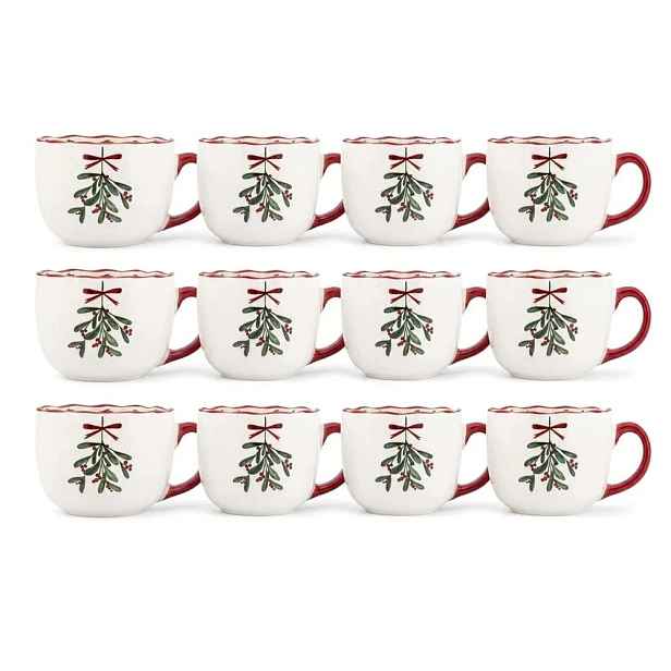 Porcelánové vánoční hrnky 12 ks Jumbo 420 ml Komplet s jmelím