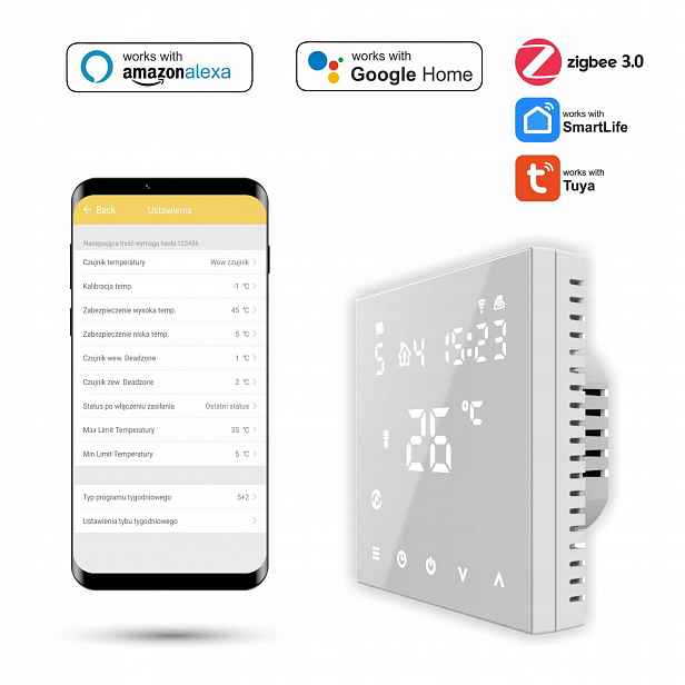 Pokojový termostat Zigbee Tuya 3A Bílý PRO2
