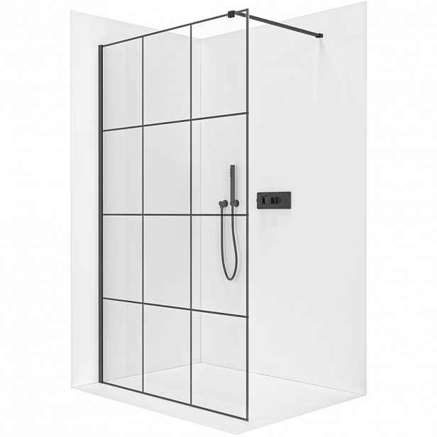 Sprchová zástěna Walk-in Onyx Cube L/P - 8 mm - hranatá vzpěra  - černá matná, industriální sklo - 110x200 cm