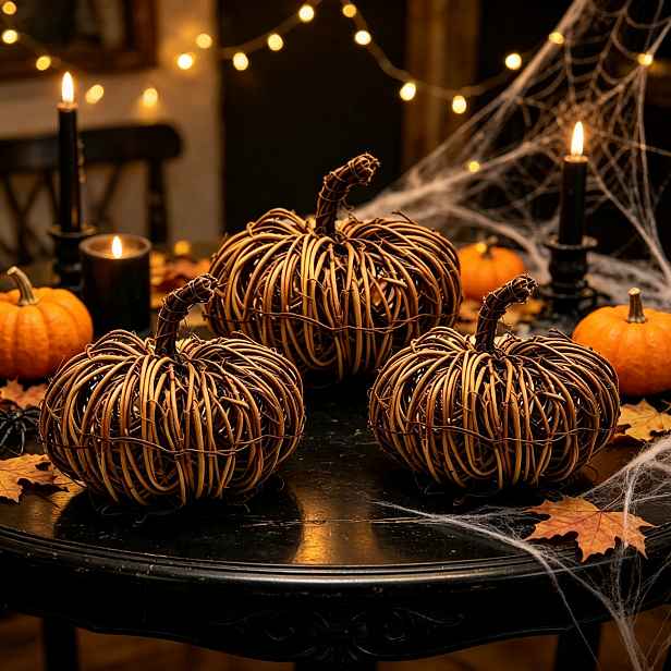 TEMU 3ks Dýňové Dekorace, Tkané Ratanové Dýně, Rustikální Podzimní Stolní Dekorace, Ideální pro Díkůvzdání a Halloweenské Párty, Domácí Parapety,