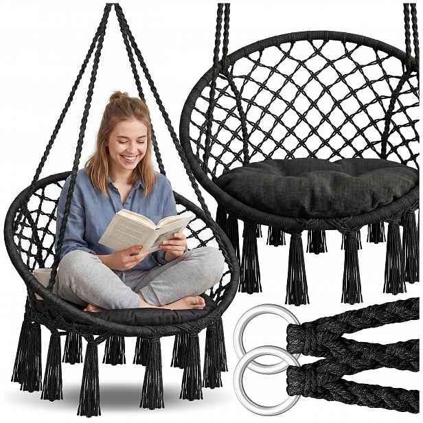TEMU ZÁVĚSNÉ BOHO NEST KOZÁK DO 150KG STRONG ČERNÝ + SEDEK. Designové závěsné křeslo v boho stylu do obývacího pokoje a na terasu. Odolná relaxační