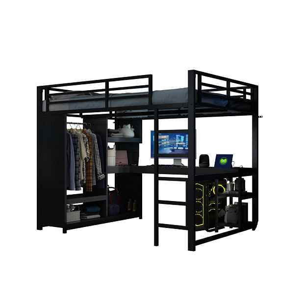 Modenvie VYSOKÁ postel 140/200 cm z kovu a MDF černá s LED, stolem a otevřenou skříní