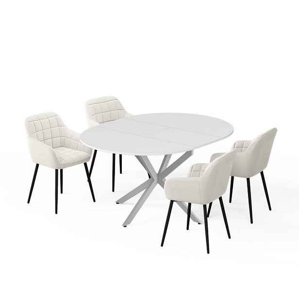 Vicco JÍDELNÍ STŮL SESTAVA Loyd, Bílá/Šedá, 120 x 120 cm se 4 jídelními židlemi (béžové)