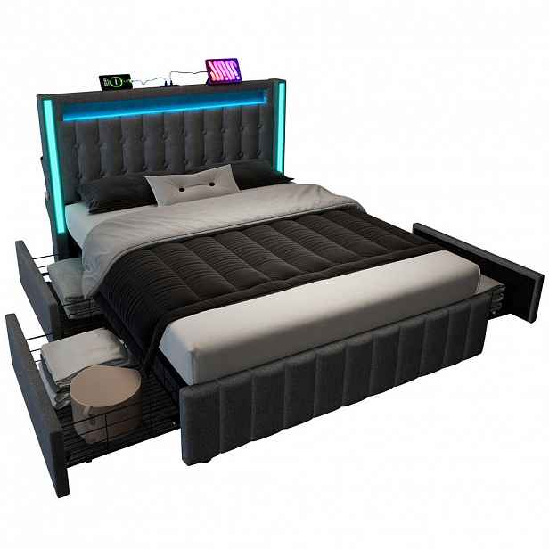 WISHDOR ČALOUNĚNÁ POSTEL 160/200 cm v šedé lněné látce se 4 zásuvkami, LED osvětlením a USB