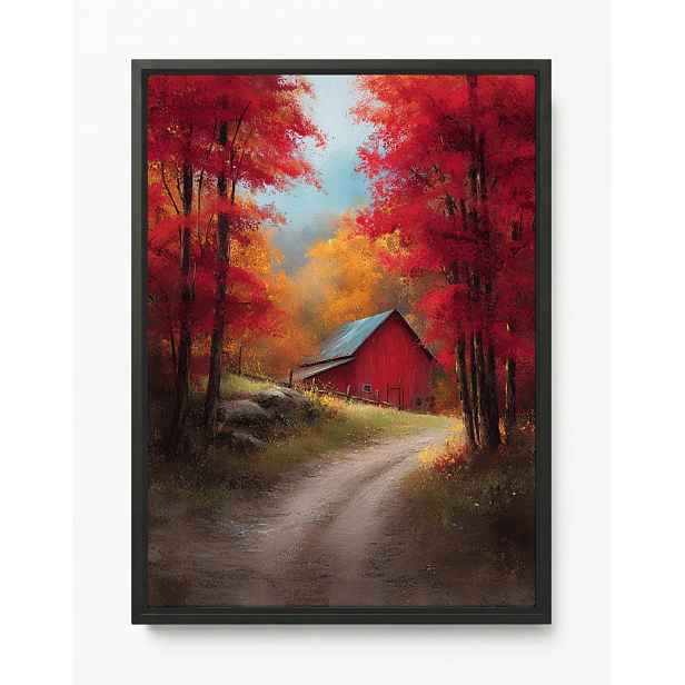 Obraz Rám American Box Krajina Podzim Les Cesta Červená Stodola 60x80