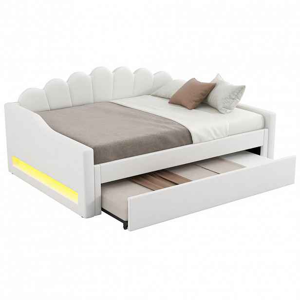 Redom POSTEL 140/200 cm s LED osvětlením a výsuvným lůžkem, látkový potah, Béžová