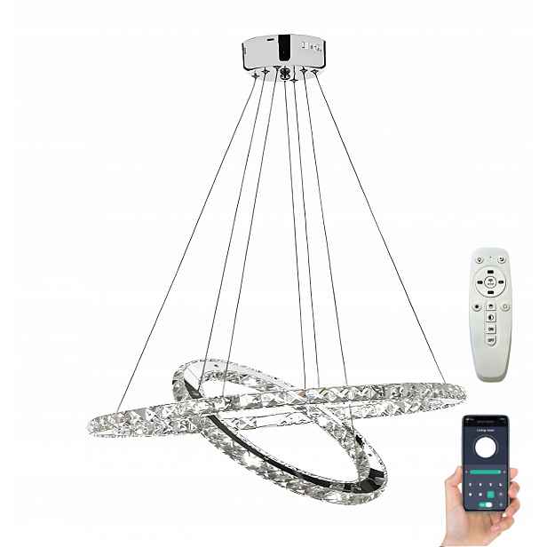 Závěsná Lampa Stropní Svítidlo Led Lustr Křišťálový Kroužek Chromovaný S Dálkovým Ovládáním