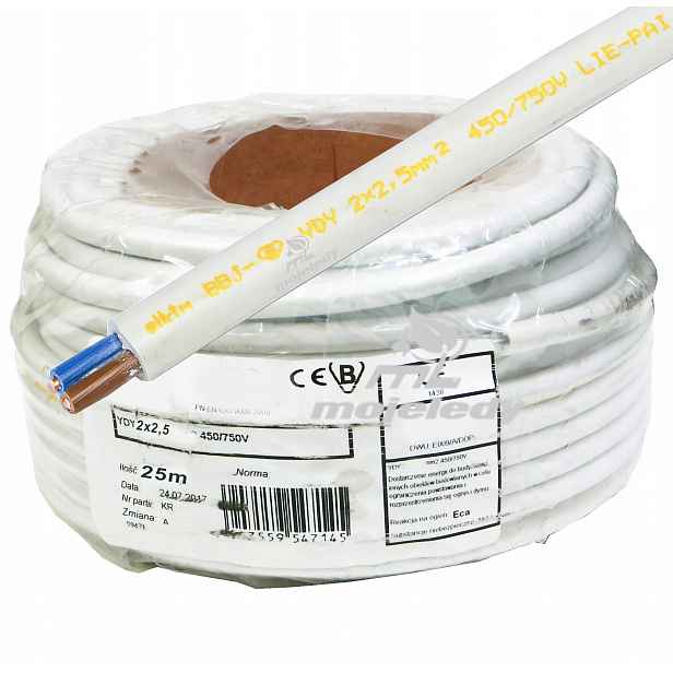 Kabel kulatý měděný Cu Ydy 2x2,5mm 450/750V drát Cu 2x2,5 puk 25m
