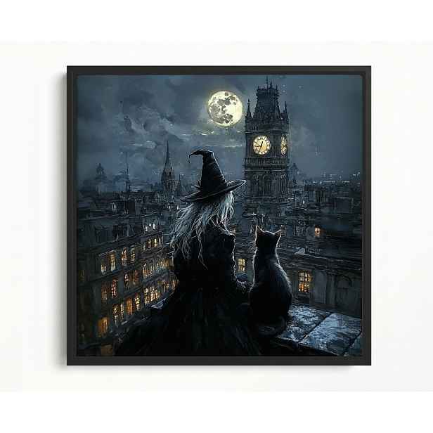 Obraz Rám Americká Krabička Čarodějka Černá Kočka Měsíc Noc Gothic Dark 60x60