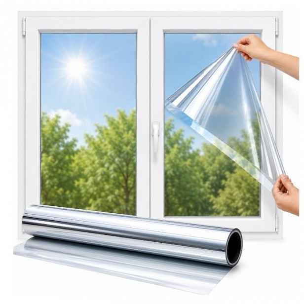 TEMU Fólie na okno s jednosměrným zrcadlem 150 × 60 cm, samolepicí fólie na ochranu proti slunci soukromí pro sklo, domov, kancelář, benátské zrcadlo