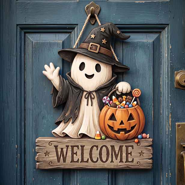 TEMU Halloweenský dřevěný roztomilý duch uvítací cedule, závěsná deska na dveře, dekorace na zeď, čarodějnický klobouk, dýně, cukroví dekorace,