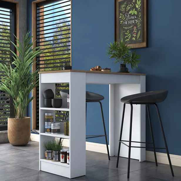 Casarredo Barový stůl s bočním regálem NORTON bílá/ořech