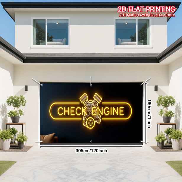 TEMU 2D Plochý Tisk 1 ks, Stylový Banner na Garážová Vrata s Unikátním „Check Engine Garage“, Vybavený 6 Kovovými Očky a Pevným Lanem pro Zavěšení,