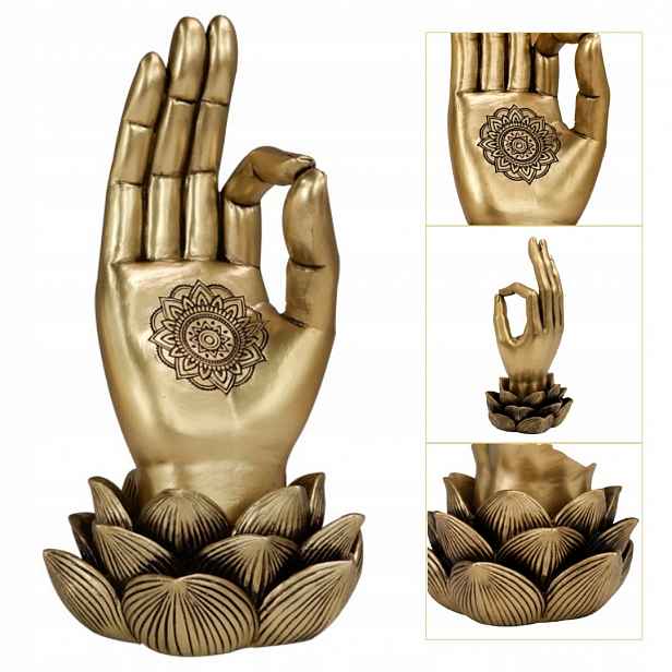 Zlatá figurka Ruka Buddhy Mudra Jóga Květ Lotosu Mandala Styl Glamour 21 cm