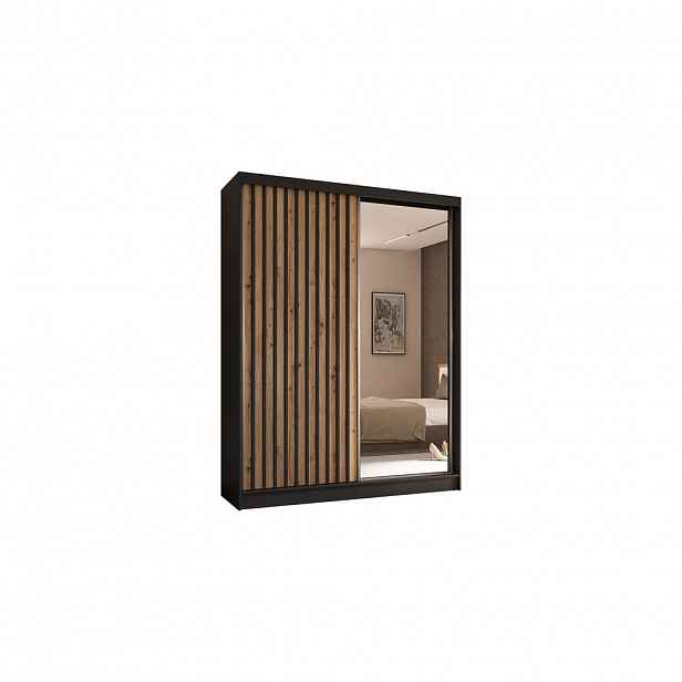 ALTDECOR ŠATNÍ SKŘÍŇ s zrcadlovými posuvnými dveřmi a hliníkovými lamelami – LAMELO – 160 cm černá+Artisan+černá