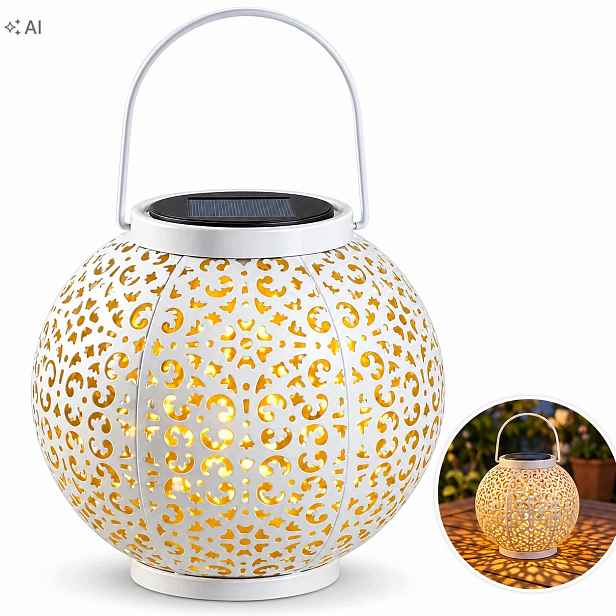 Ažurová zahradní solární Led lampa Bílá, lucerna na terasa balkon, 20 cm