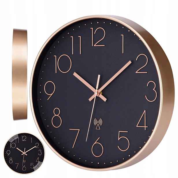 Rádiový automatický hodinový stroj 30 cm Pvc černý s růžovým zlatem na baterii