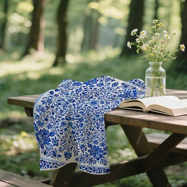 TEMU 1 ks, Ručník ve stylu modrobílého porcelánu s květinovým vzorem, Podzimní dárek, Ručník na prsty, Ručník s potiskem, Pruhovaný design, Podzimní