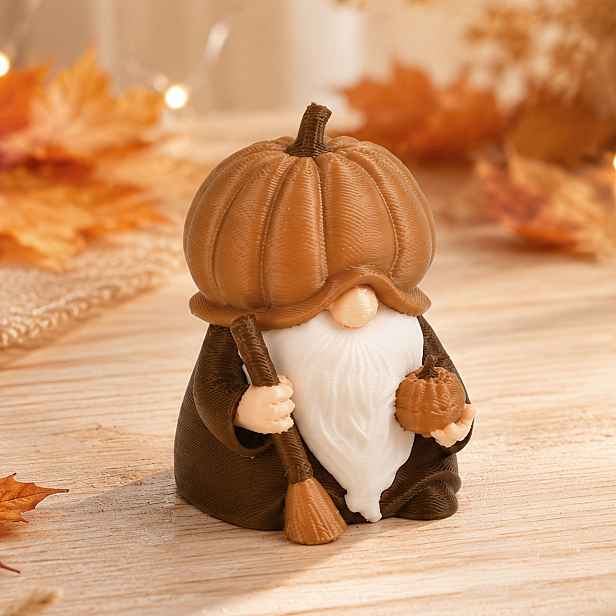TEMU Halloweenská figurka skřítka s dýňovým kloboukem, soška skřítka držícího dýni a koště, podzimní sklizňová dekorace na stůl, ideální interiérová