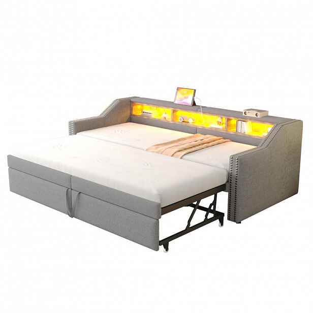 Redom ČALOUNĚNÁ postel 90/180 x 200 cm s výsuvným lůžkem, LED osvětlením, USB portem a úložnými přihrádkami, Světle šedá