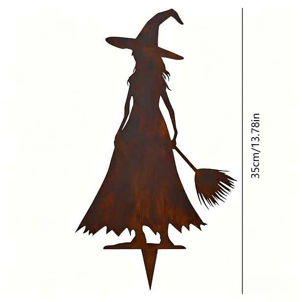 TEMU [2D Plochá] Vintage Čarodějnická Figurka v Barvě Rezavé s Kůlem do Země, Halloweenská Venkovní Dekorace na Dvůr, Trávník a Sváteční Párty