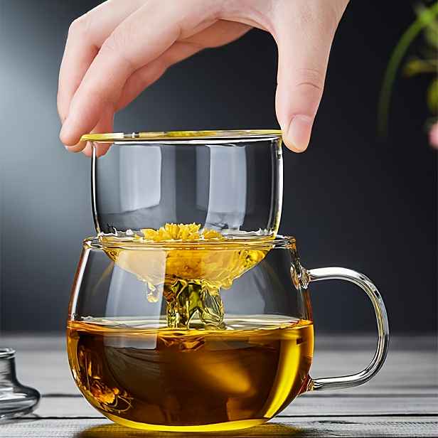 TEMU Skleněný čajový šálek s infuzérem a víčkem, 17,6 oz/520 ml velký borosilikátový čajový šálek, průhledný šálek na sypaný čaj, květinový čaj,