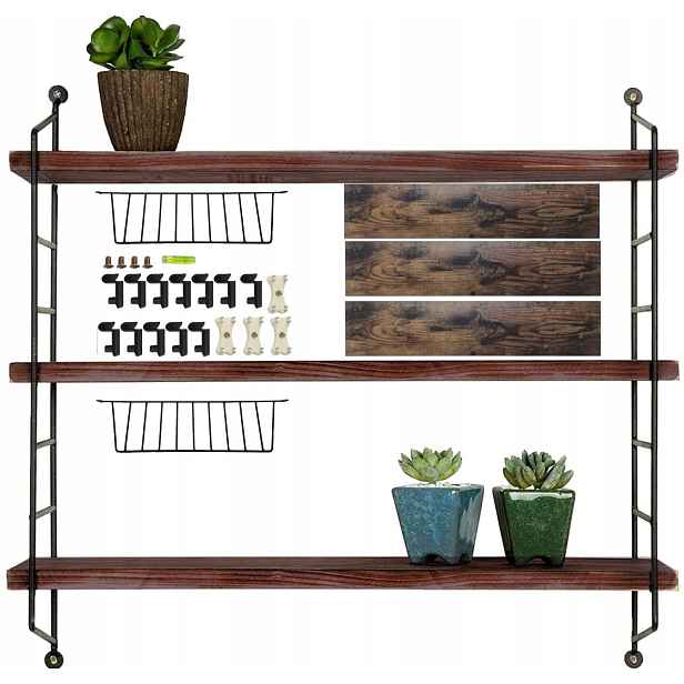 Černá Kovová Police Na Stěnu Loft Obývací Pokoj Závěsná 3-úrovňová 52×13×60 cm