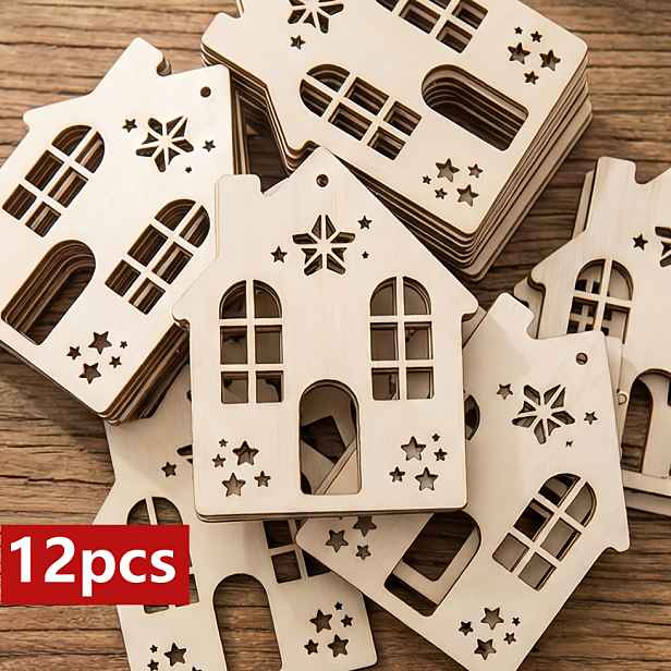 TEMU 12 ks Dřevěných Domečků - Umělé Dřevěné Domečky Vhodné pro Vánoční, Velikonoční, Svatební a Valentýnské Dekorace - Závěsné Stolní Dekorace s