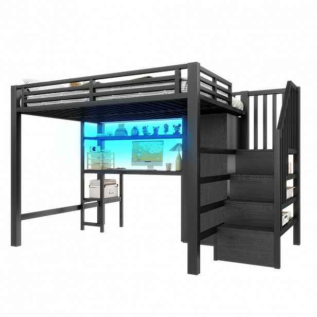 Redom VYSOKÁ postel 140x200 cm s LED osvětlením, psacím stolem, policí, skříní a úložným schodištěm, Černá