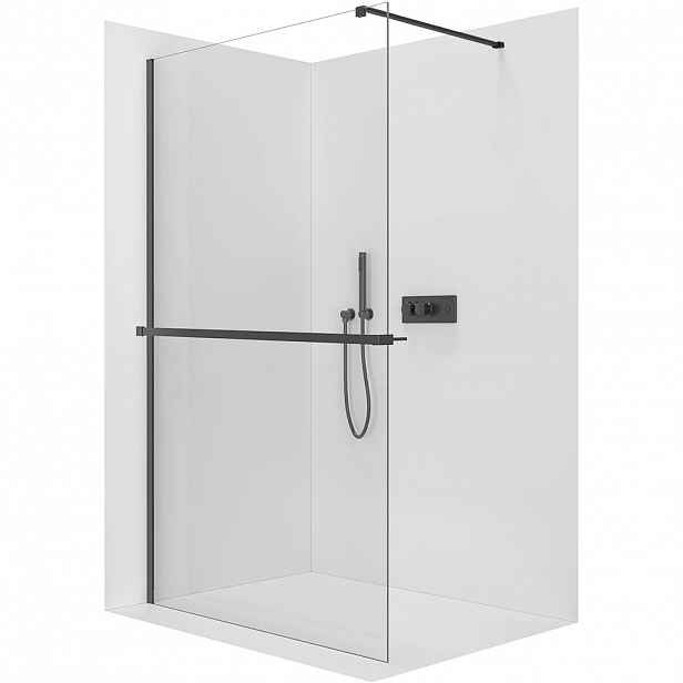 Sprchová zástěna Walk-in Onyx Cube L/P - 8 mm - hranatá vzpěra + polička/držák na ručníky - černá matná, transparentní sklo - 30x200 cm