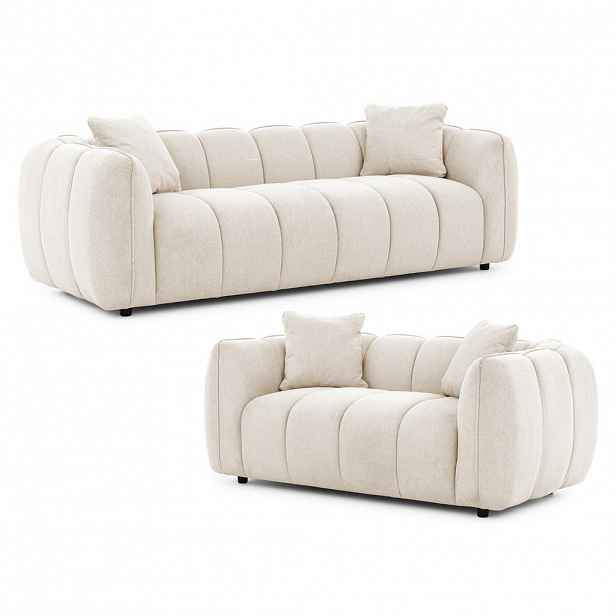 S-Style SEDACÍ SOUPRAVA 3+2 Nubira v hluboce prošívaném designu Bubble z měkké strukturované látky ve světle béžové barvě s moderním vzhledem