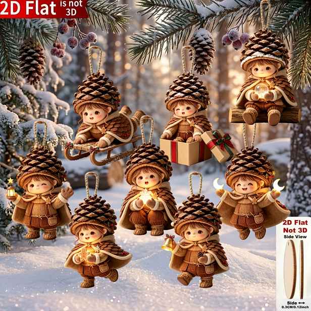 TEMU [2D Ploché] 8 ks Roztomilé věštítky Elf Závěsné ozdoby v lese, Vánoční dekorativní sada, Personalizované 2D ploché dřevěné přívěsky, Vánoční