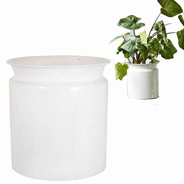 Květináč Bílá 17 cm kovová, kulatá, vysoká, pro bonsaje, palmy, obývací pokoj, obal