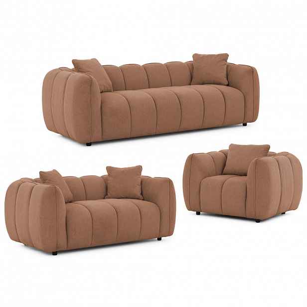 S-Style SEDACÍ SOUPRAVA 3+2+1 Nubira v hluboce prošívaném designu Bubble z měkké strukturované látky v terakotové barvě s moderním vzhledem